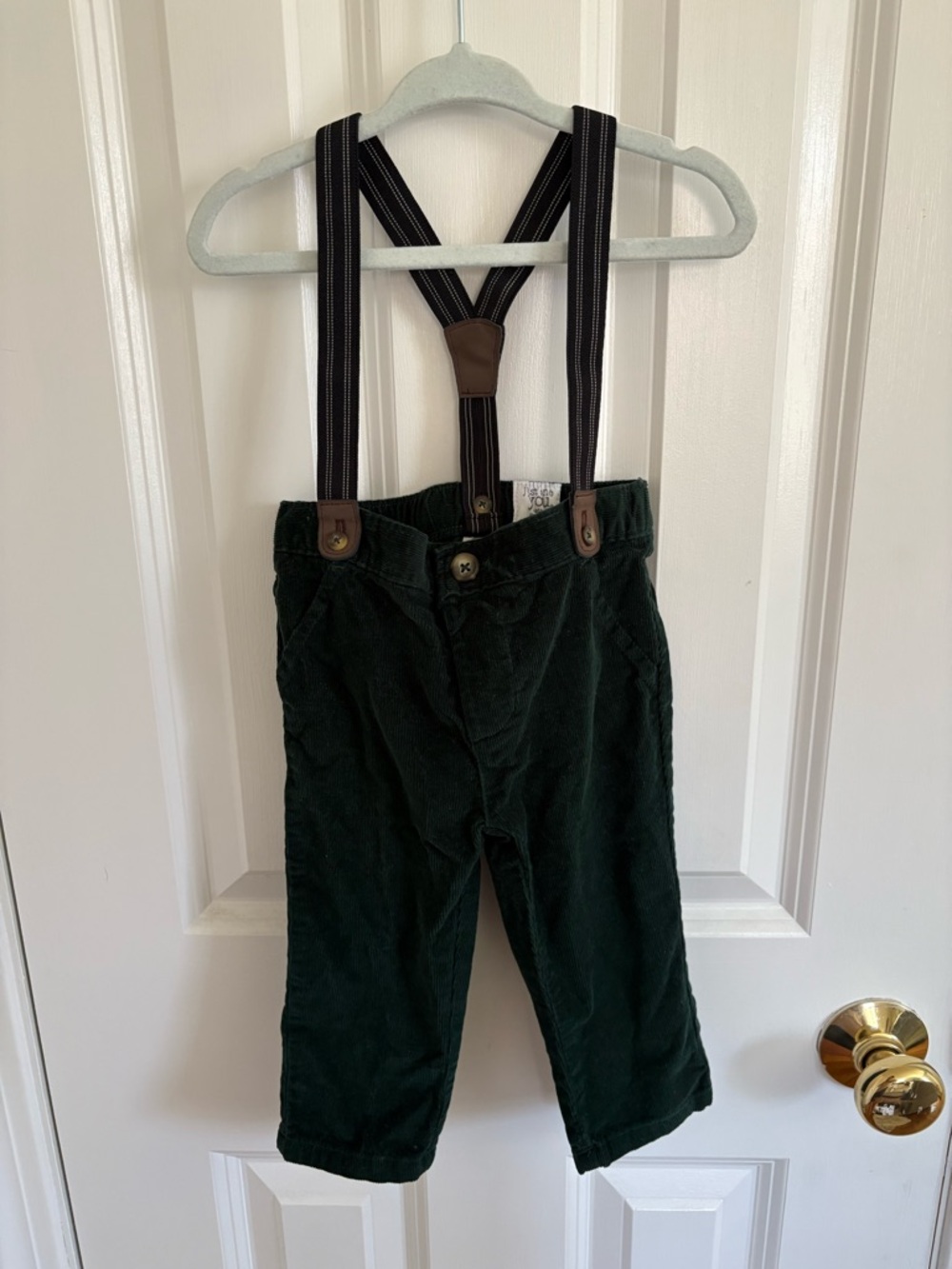Dark Green Corduroy Kids Pants with Striped Suspenders